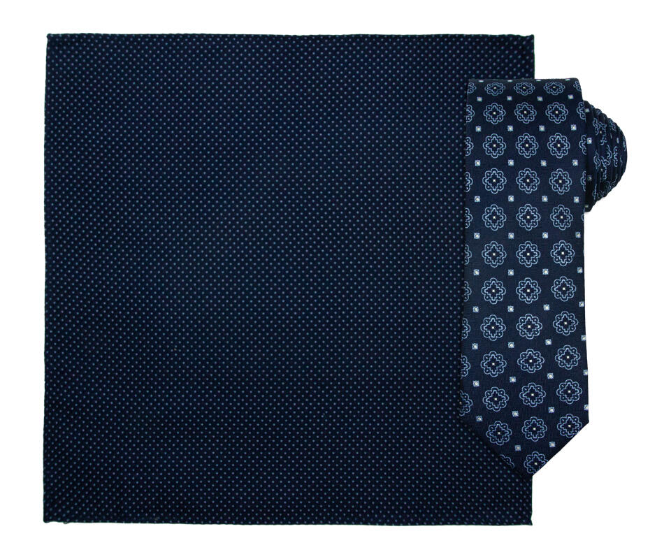 Intex mørkeblå mønstrete silke slips og lommetørkle